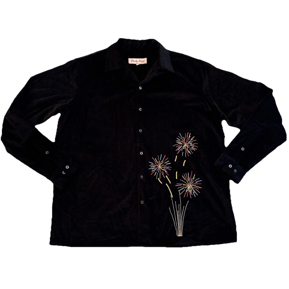 Perte D'ego Long Sleeve Velvety Button Down Fireworks Beading Size XXL